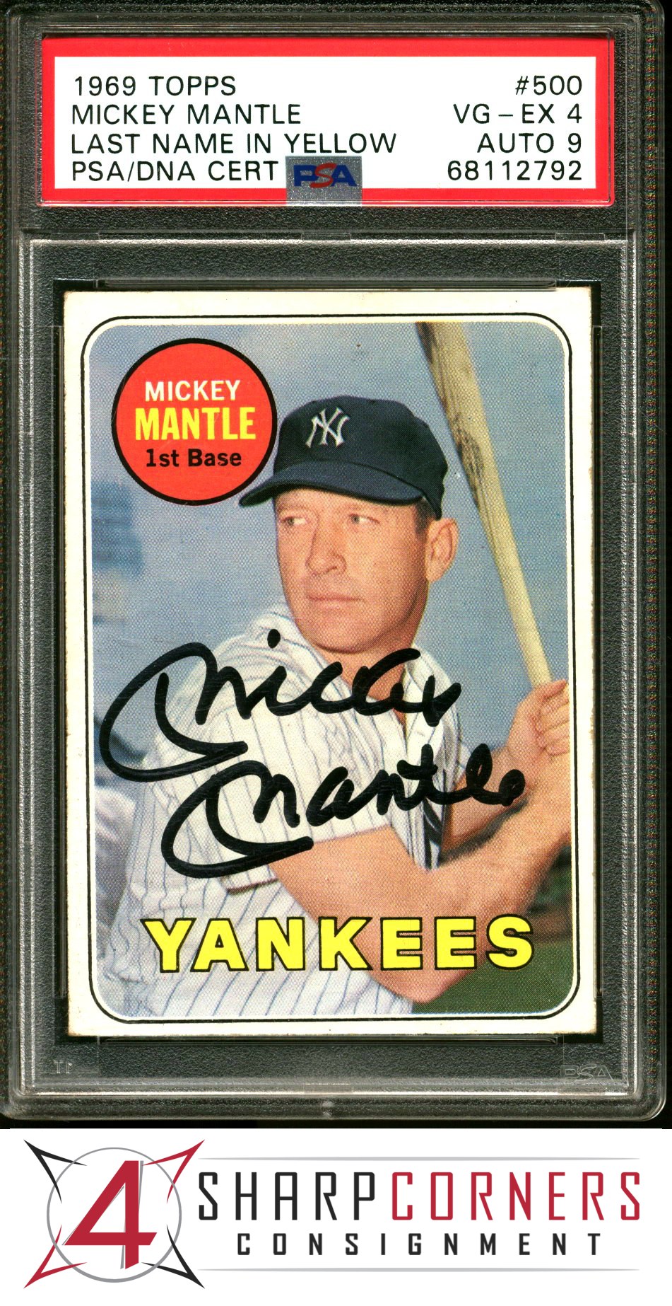 1969 TOPPS #500 MICKEY MANTLE HOF LAST NAME IN YELLOW POP 13 PSA 4 DNA AUTO 9