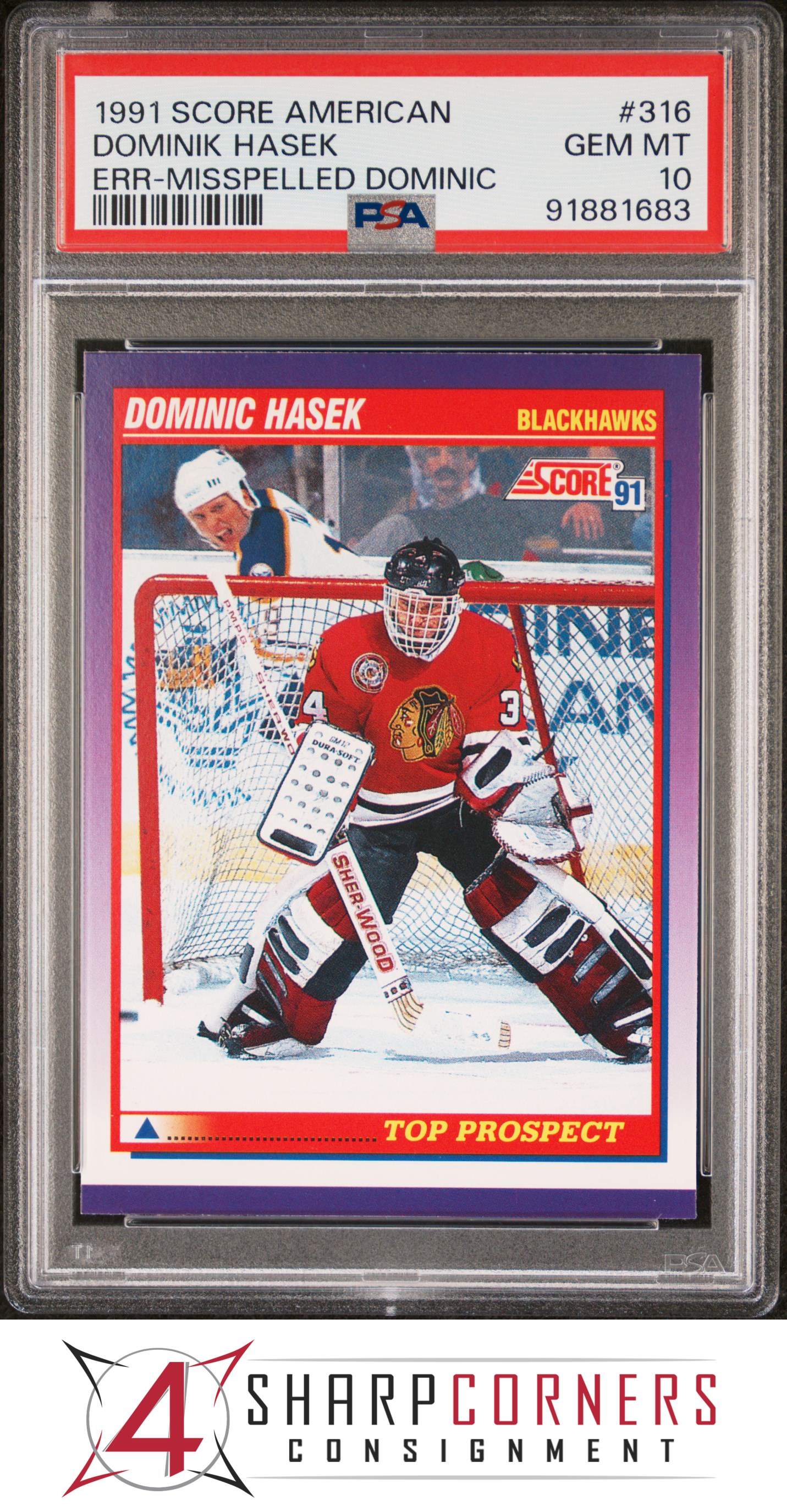 1991 SCORE AMERICAN #316 DOMINIK HASEK RC ERROR MISSPELLED PSA 10