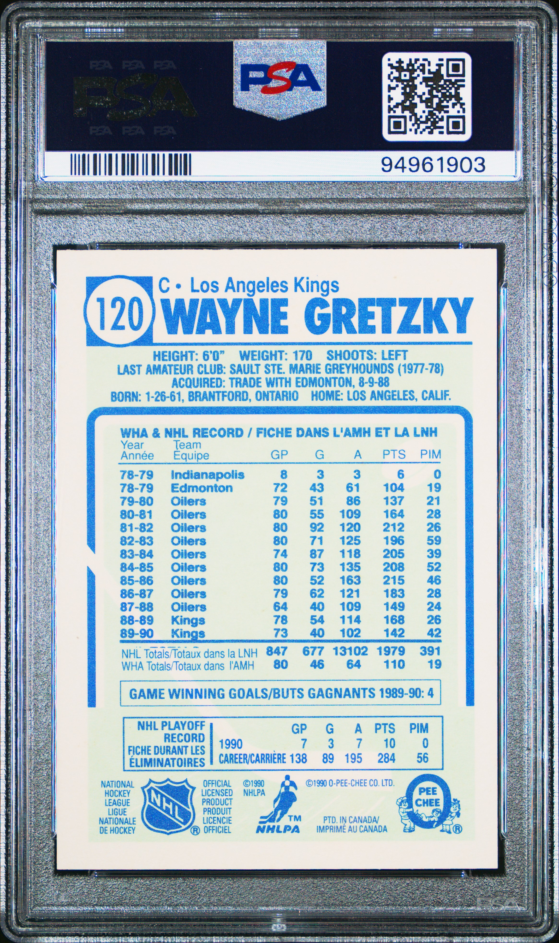 1990 O-PEE-CHEE #120 WAYNE GRETZKY ERR 1302 ASSIST NOT 13102 PSA 10 - Picture 28 of 28
