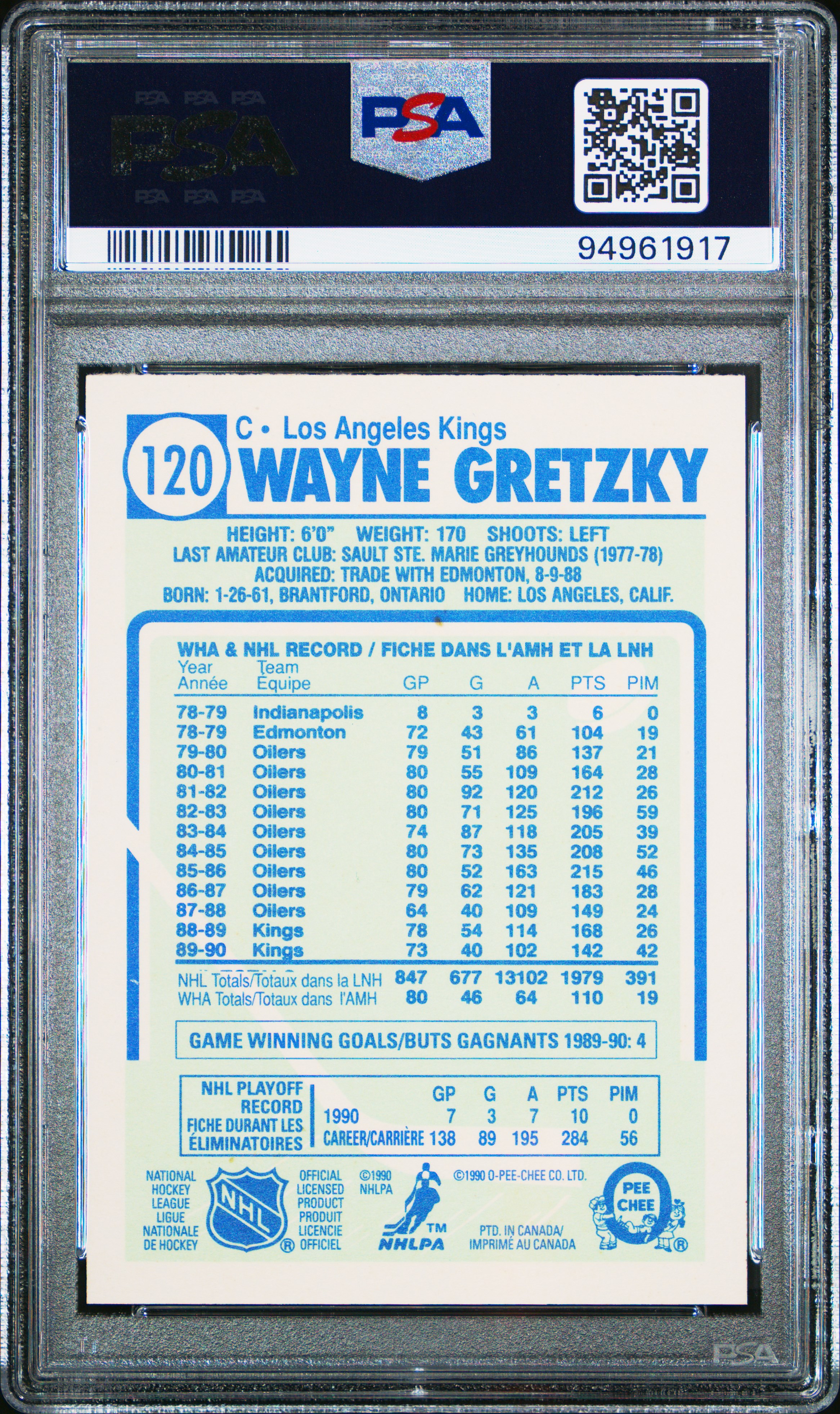 1990 O-PEE-CHEE #120 WAYNE GRETZKY ERR 1302 ASSIST NOT 13102 PSA 10 - Picture 22 of 28