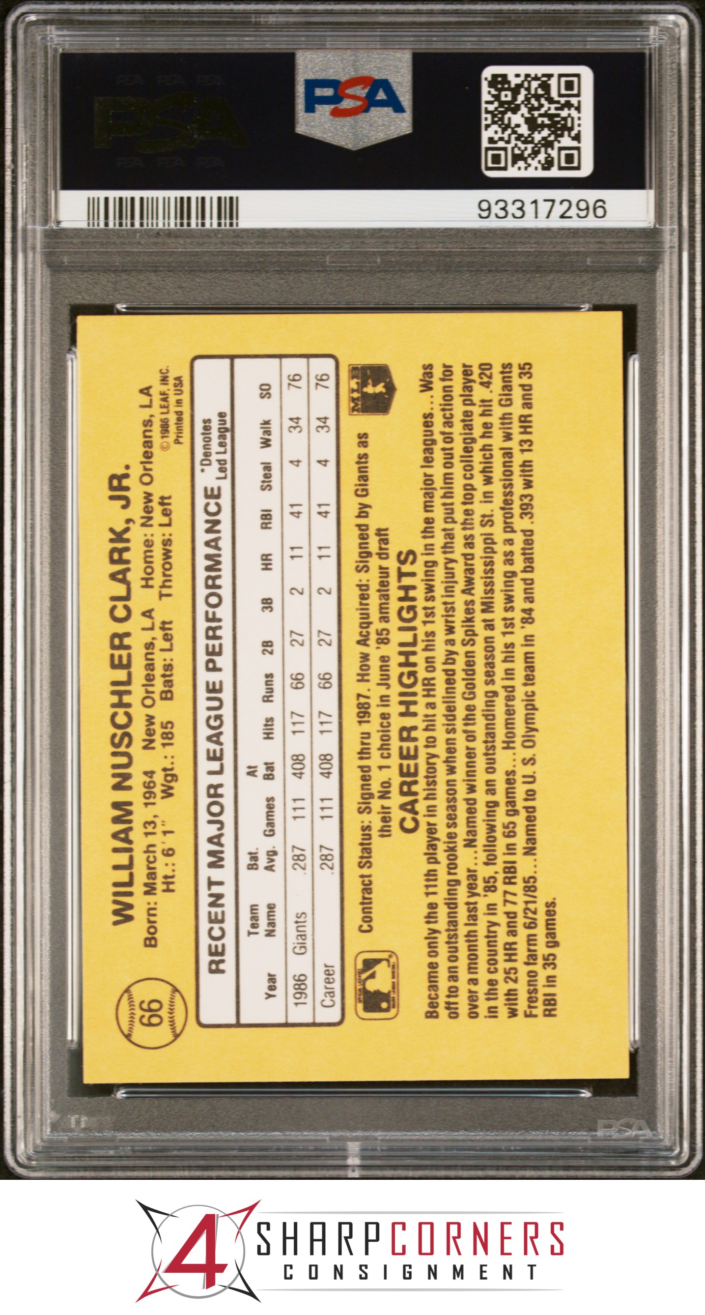 1987 DONRUSS #66 WILL CLARK RC GIANTS PSA 10 - Picture 8 of 52