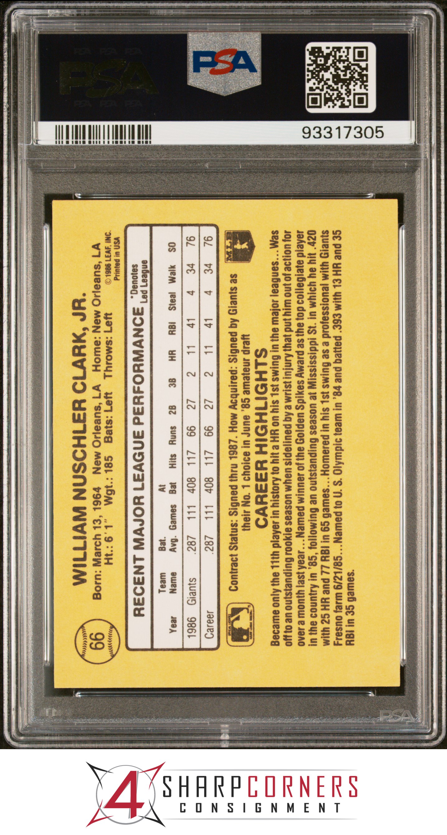 1987 DONRUSS #66 WILL CLARK RC GIANTS PSA 10 - Picture 14 of 52