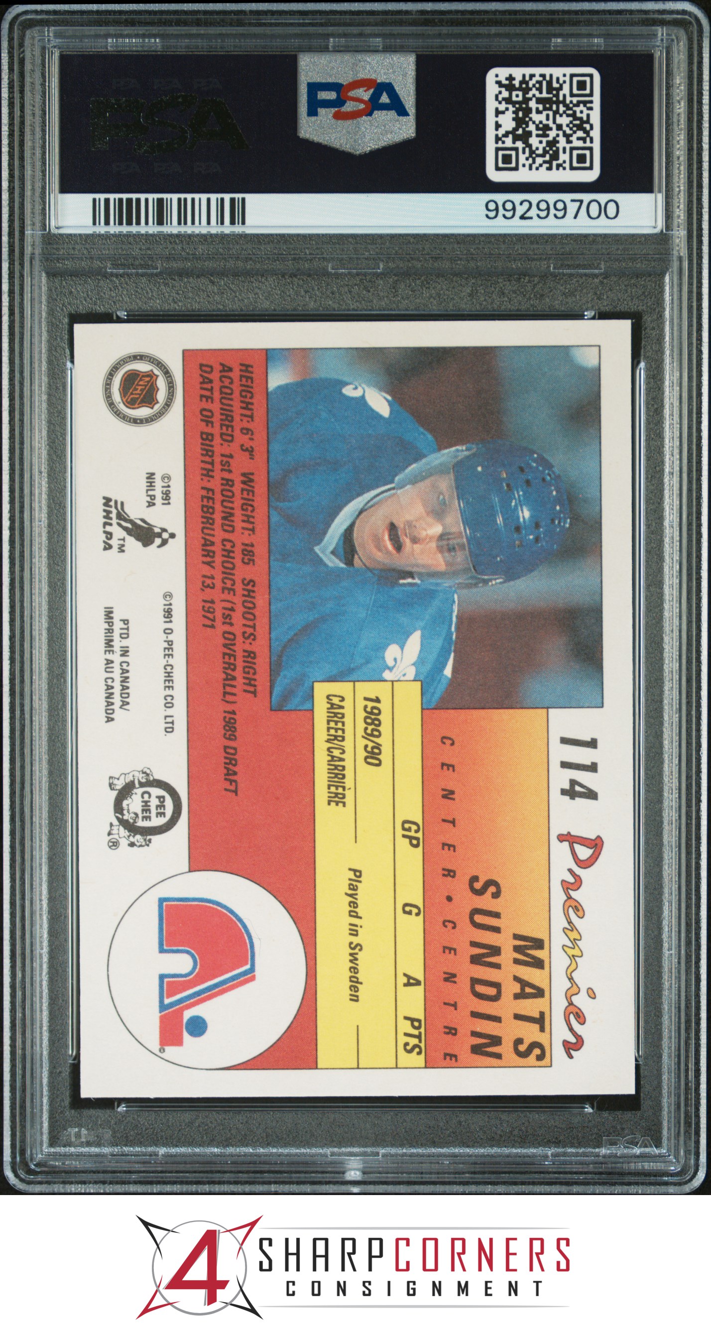 1990 O-PEE-CHEE PREMIER #114 MATS SUNDIN RC NORDIQUES HOF PSA 10 - Picture 4 of 16