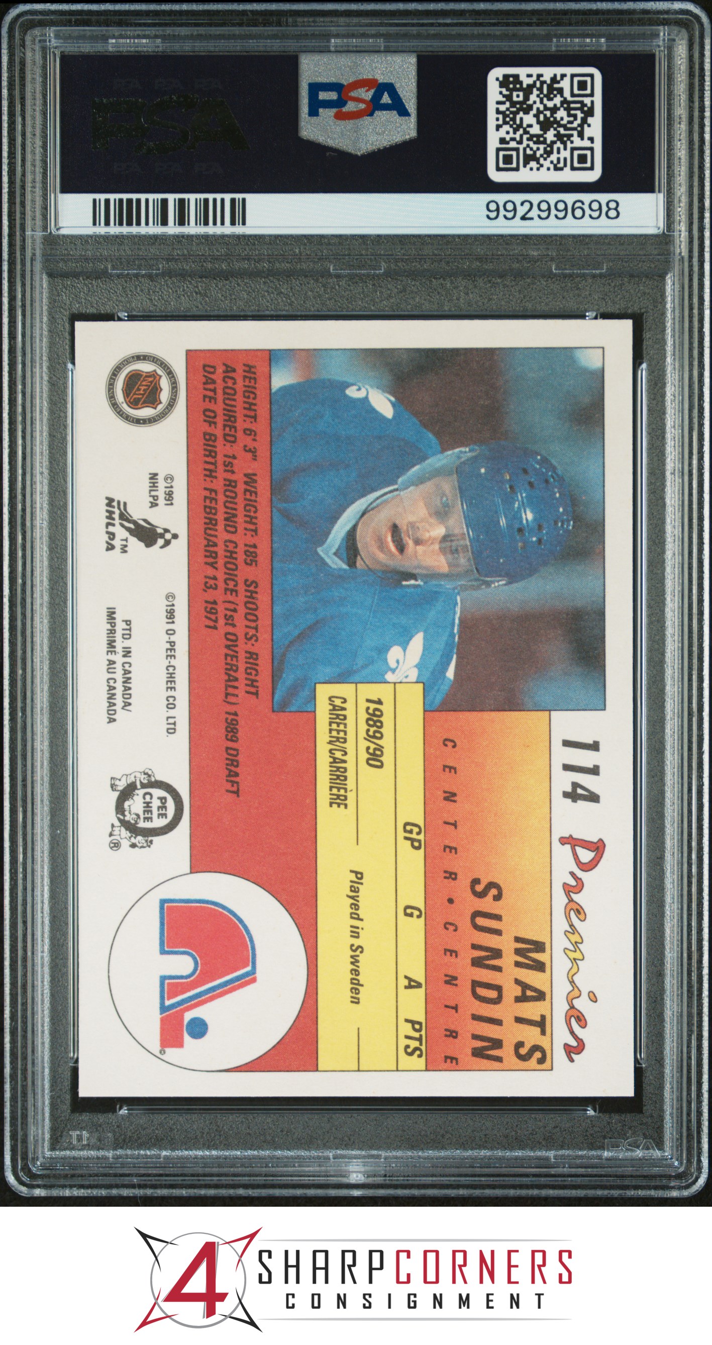 1990 O-PEE-CHEE PREMIER #114 MATS SUNDIN RC NORDIQUES HOF PSA 10 - Picture 6 of 16