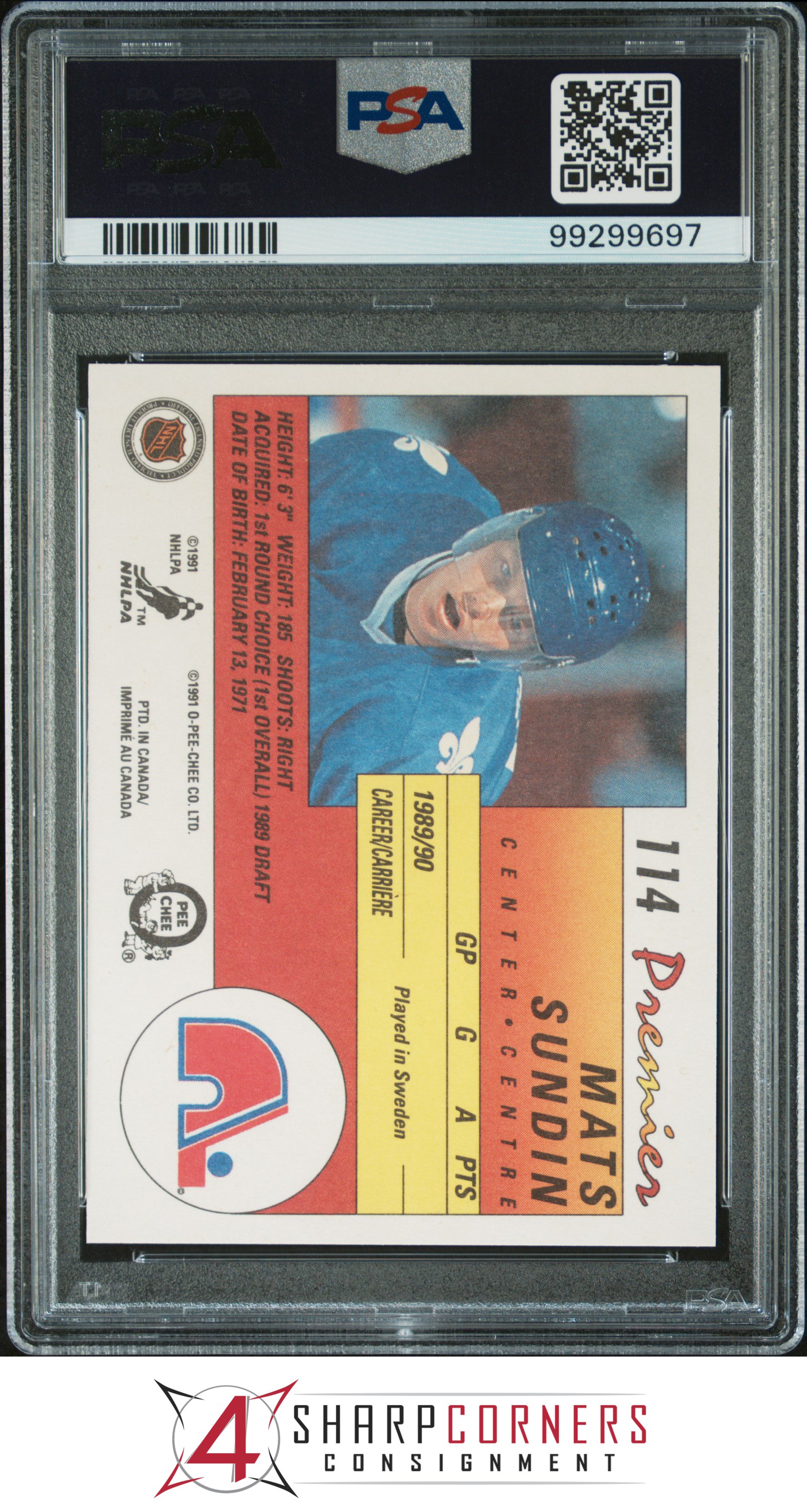 1990 O-PEE-CHEE PREMIER #114 MATS SUNDIN RC NORDIQUES HOF PSA 10 - Picture 8 of 16