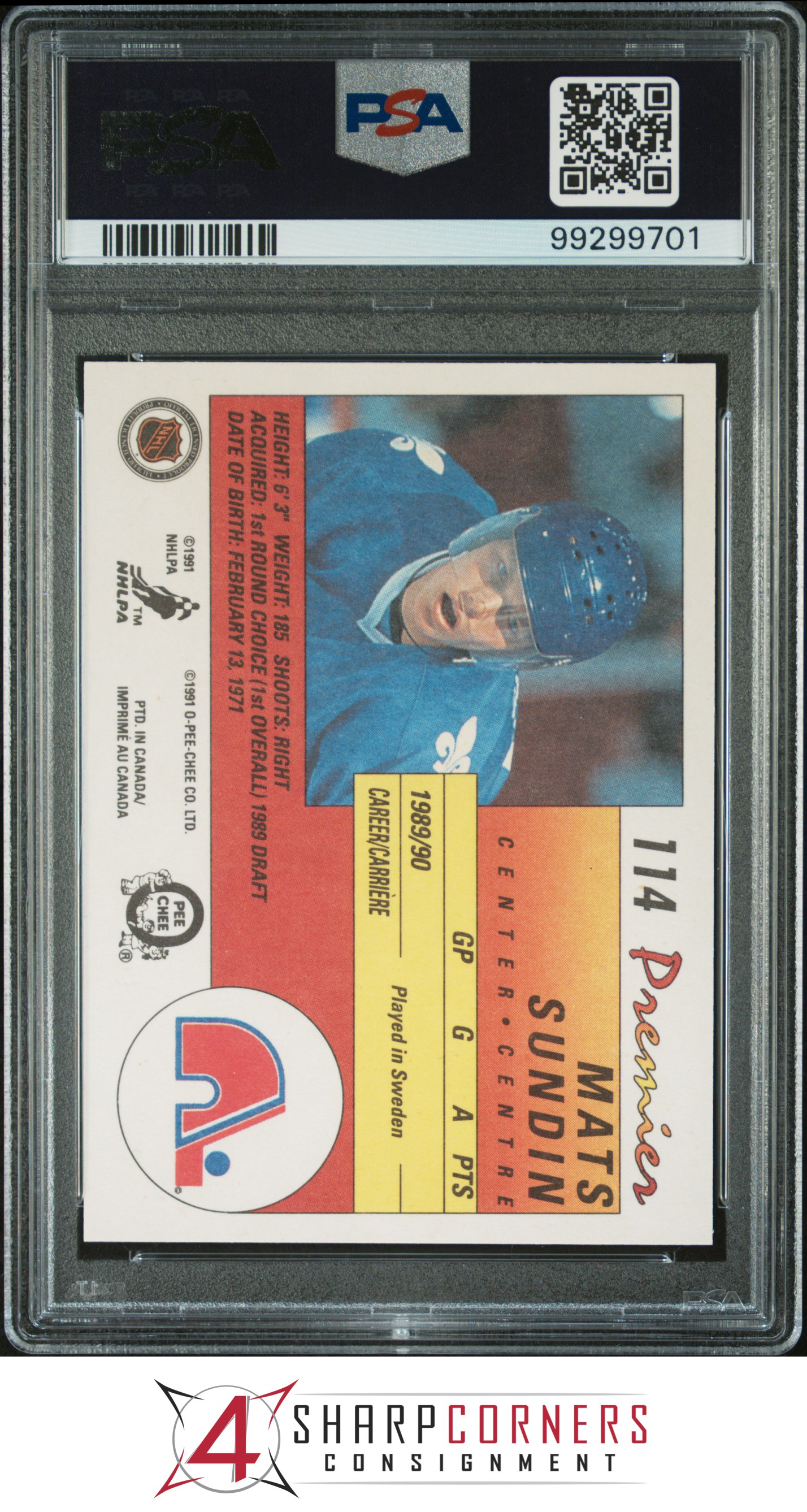 1990 O-PEE-CHEE PREMIER #114 MATS SUNDIN RC NORDIQUES HOF PSA 10 - Picture 10 of 16