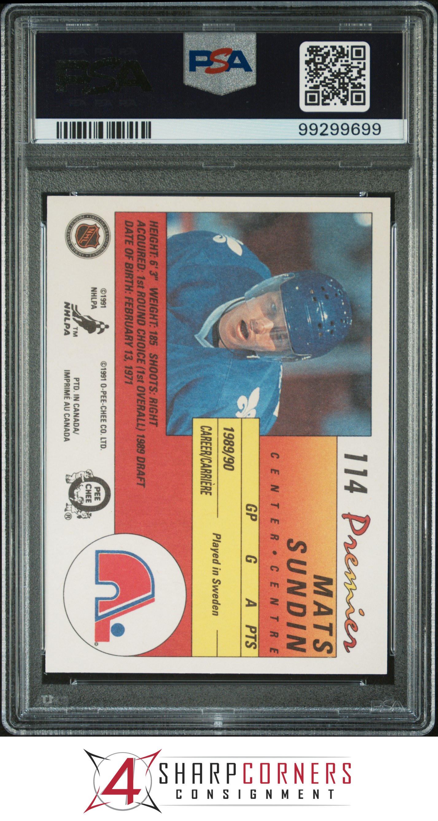 1990 O-PEE-CHEE PREMIER #114 MATS SUNDIN RC NORDIQUES HOF PSA 10 - Picture 12 of 16