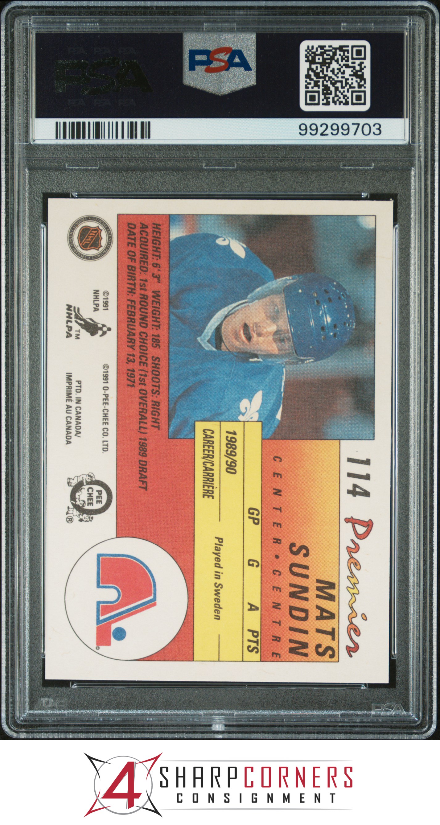 1990 O-PEE-CHEE PREMIER #114 MATS SUNDIN RC NORDIQUES HOF PSA 10 - Picture 14 of 16