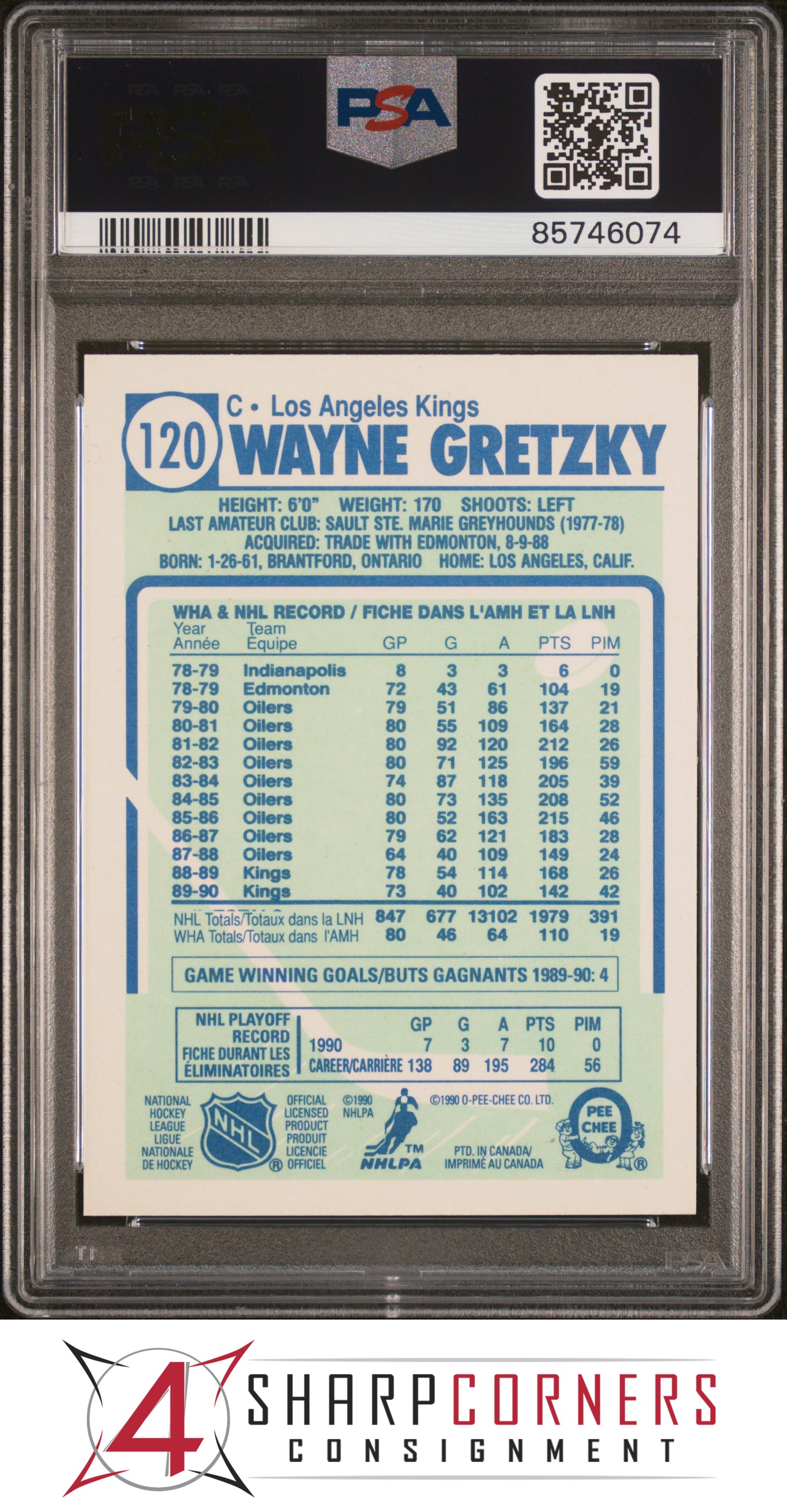 1990 O-PEE-CHEE #120 WAYNE GRETZKY ERR 1302 ASSIST NOT 13102 PSA 10 - Picture 6 of 28