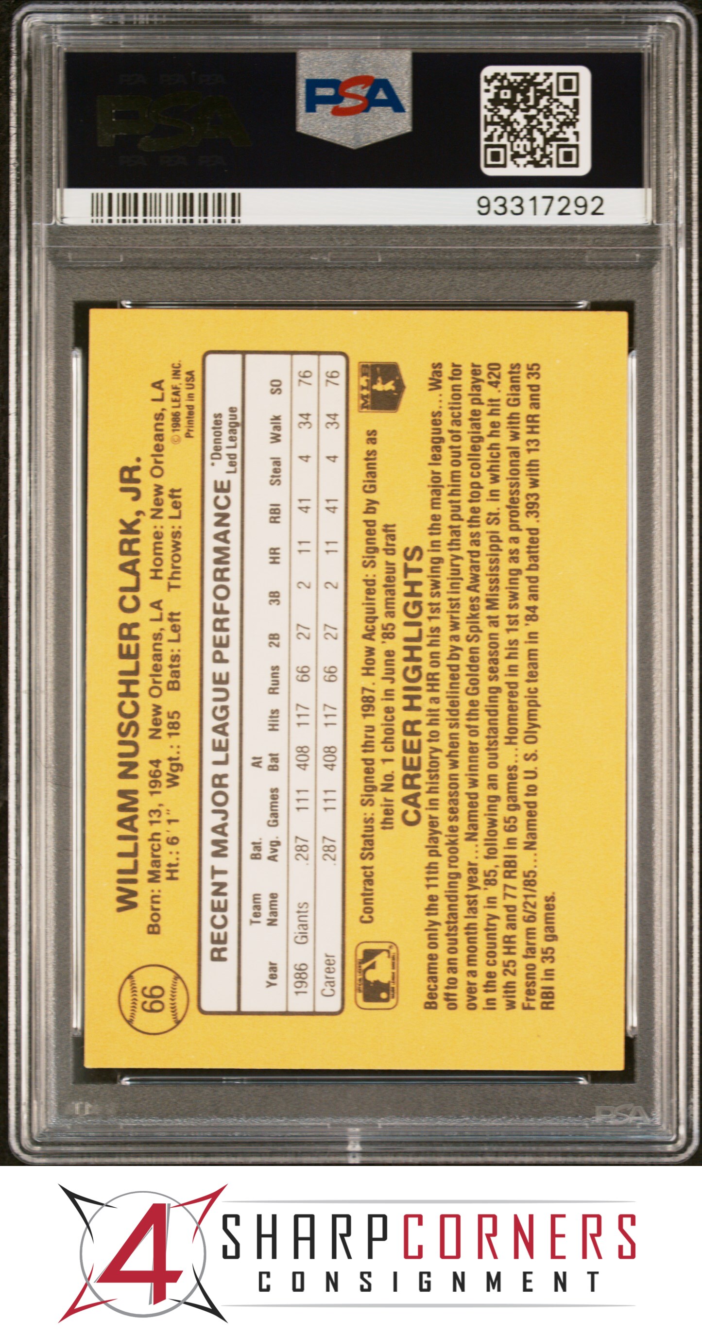 1987 DONRUSS #66 WILL CLARK RC GIANTS PSA 10 - Picture 34 of 52