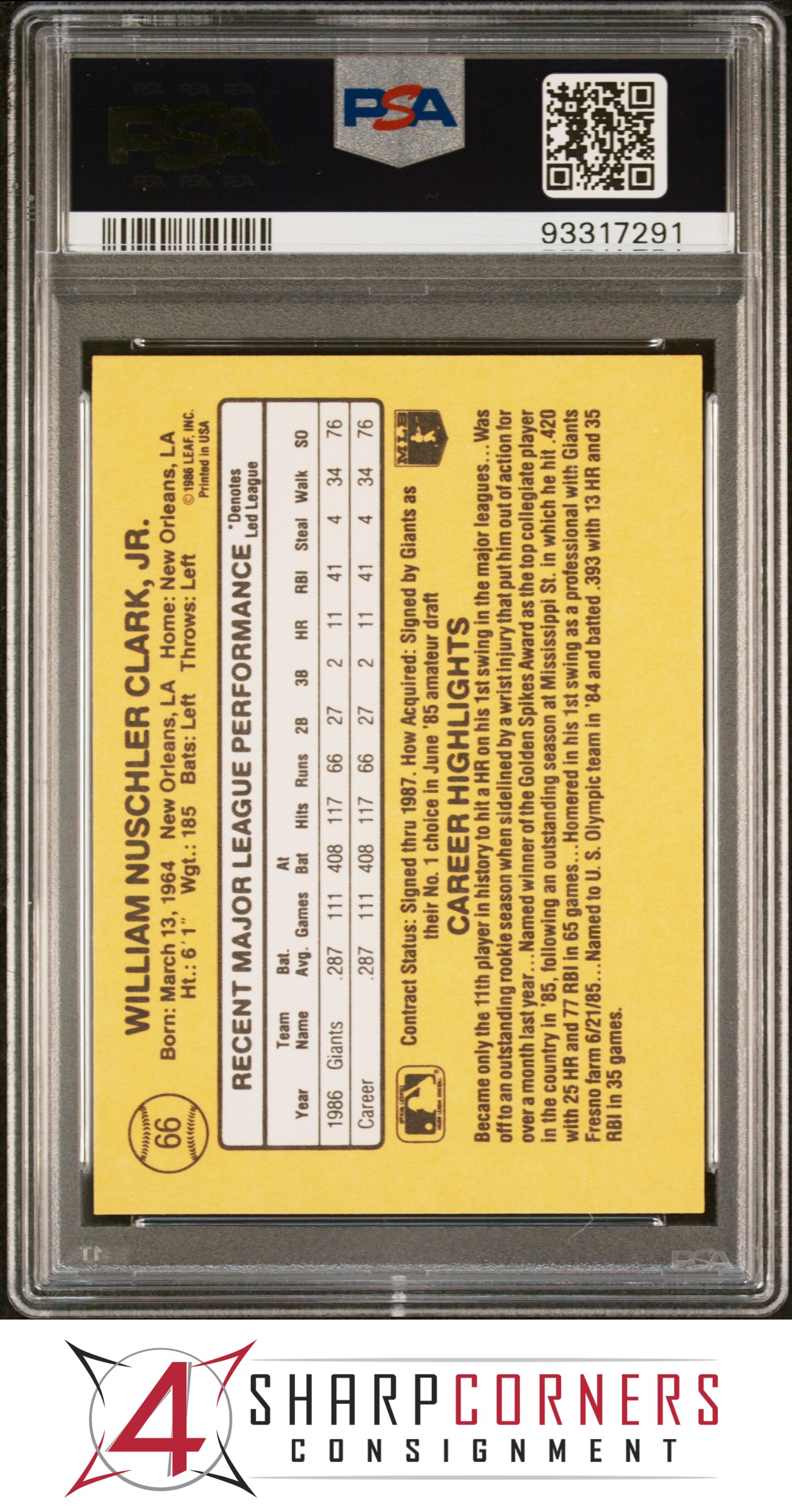 1987 DONRUSS #66 WILL CLARK RC GIANTS PSA 10 - Picture 42 of 52