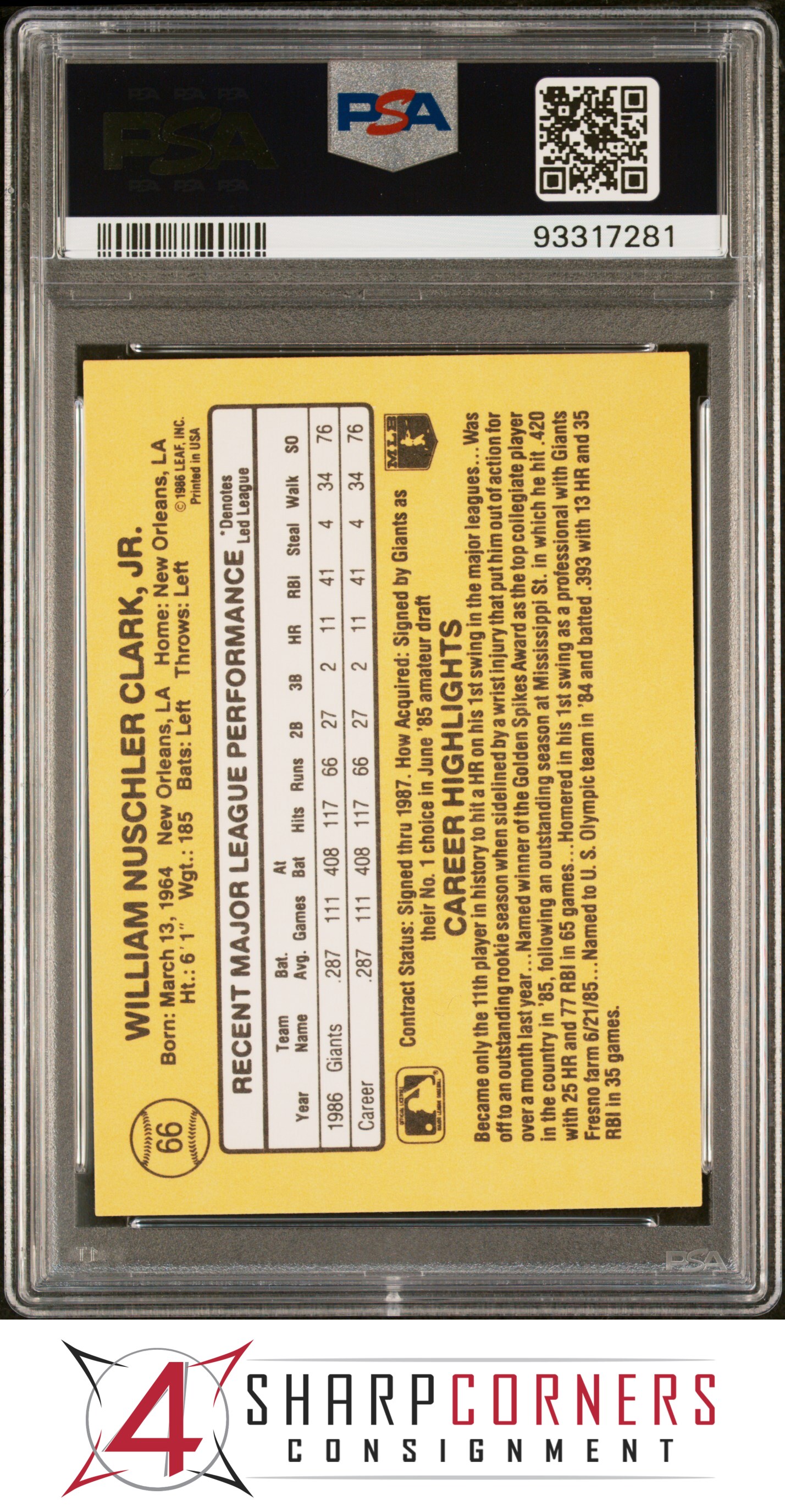 1987 DONRUSS #66 WILL CLARK RC GIANTS PSA 10 - Picture 44 of 52