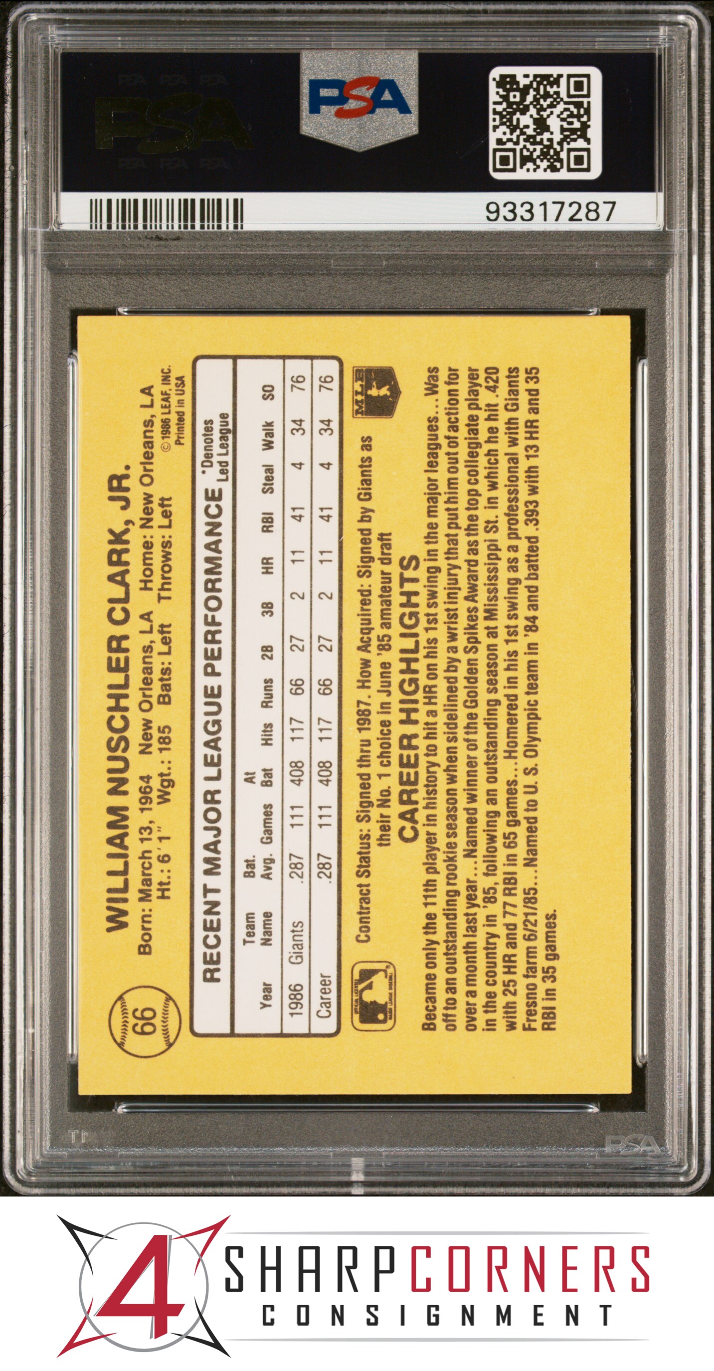 1987 DONRUSS #66 WILL CLARK RC GIANTS PSA 10 - Picture 48 of 52