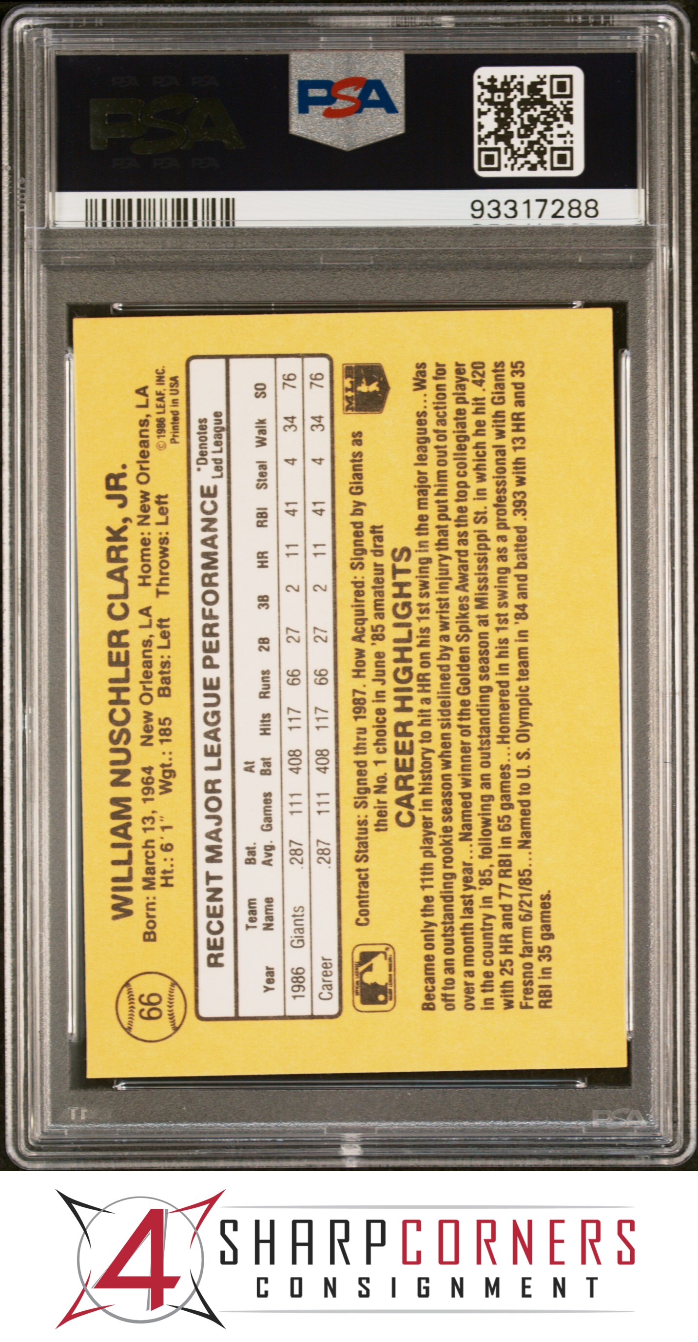 1987 DONRUSS #66 WILL CLARK RC GIANTS PSA 10 - Picture 50 of 52