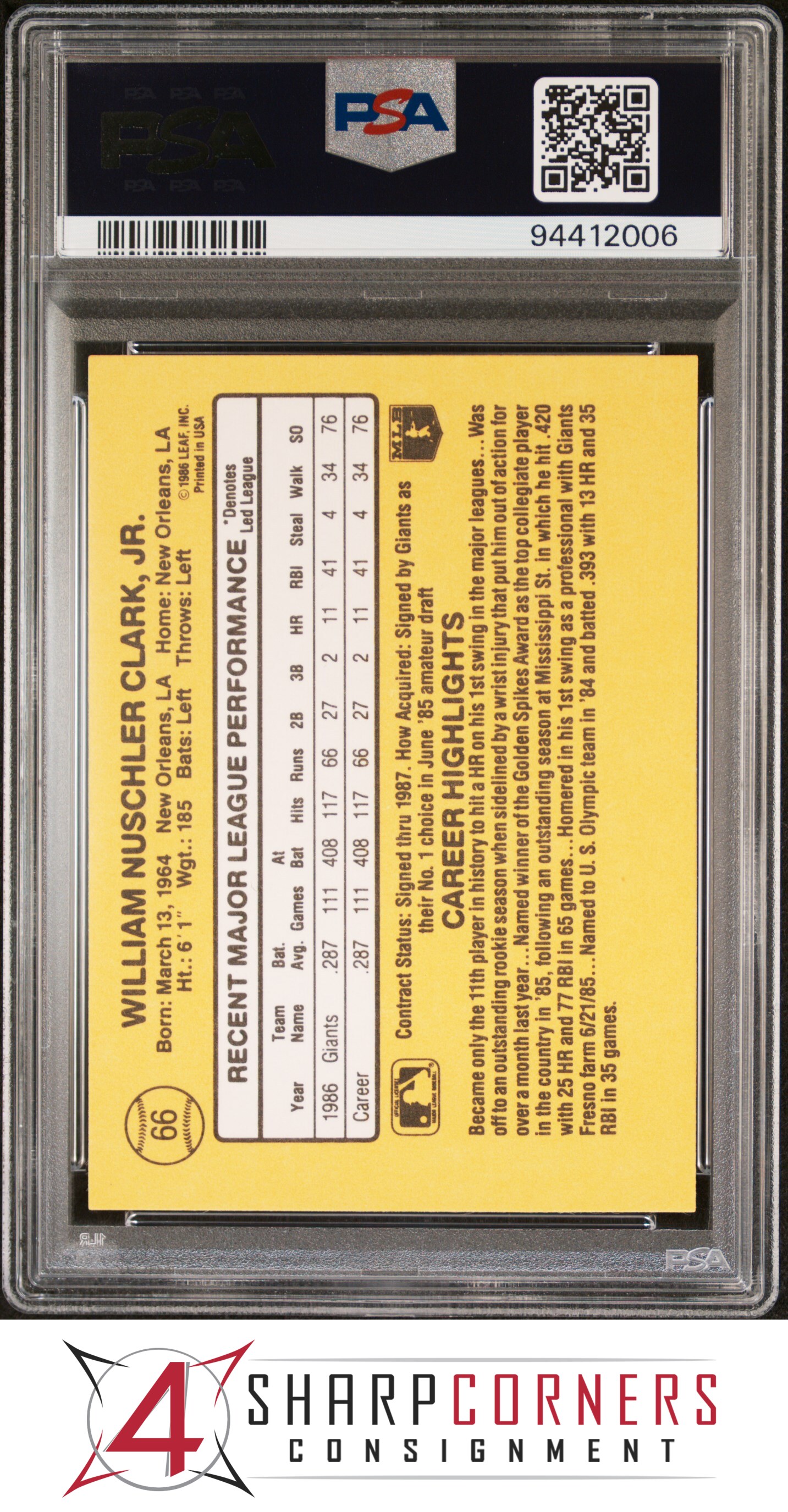 1987 DONRUSS #66 WILL CLARK RC GIANTS PSA 10 - Picture 18 of 52