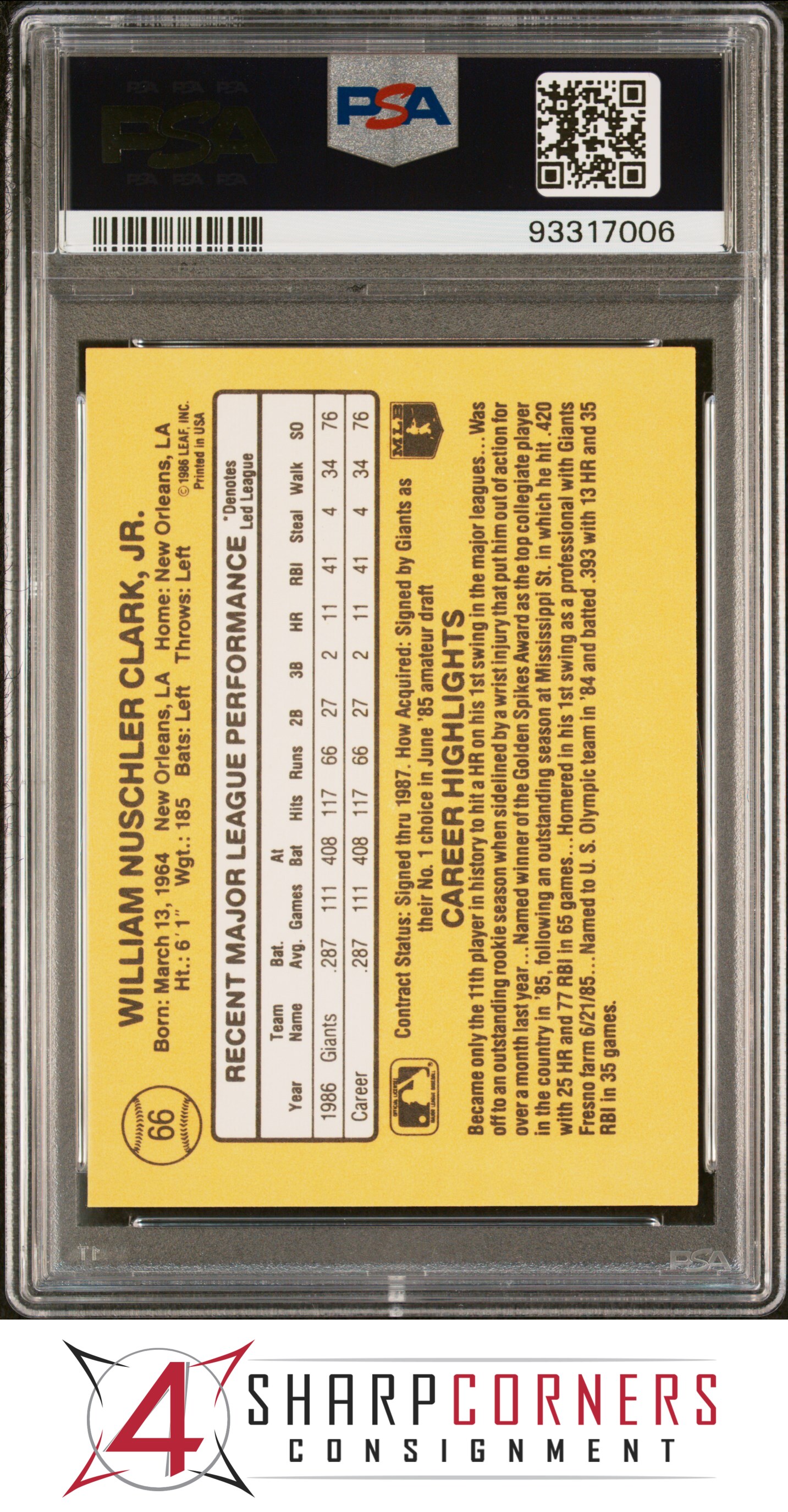 1987 DONRUSS #66 WILL CLARK RC GIANTS PSA 10 - Picture 30 of 52