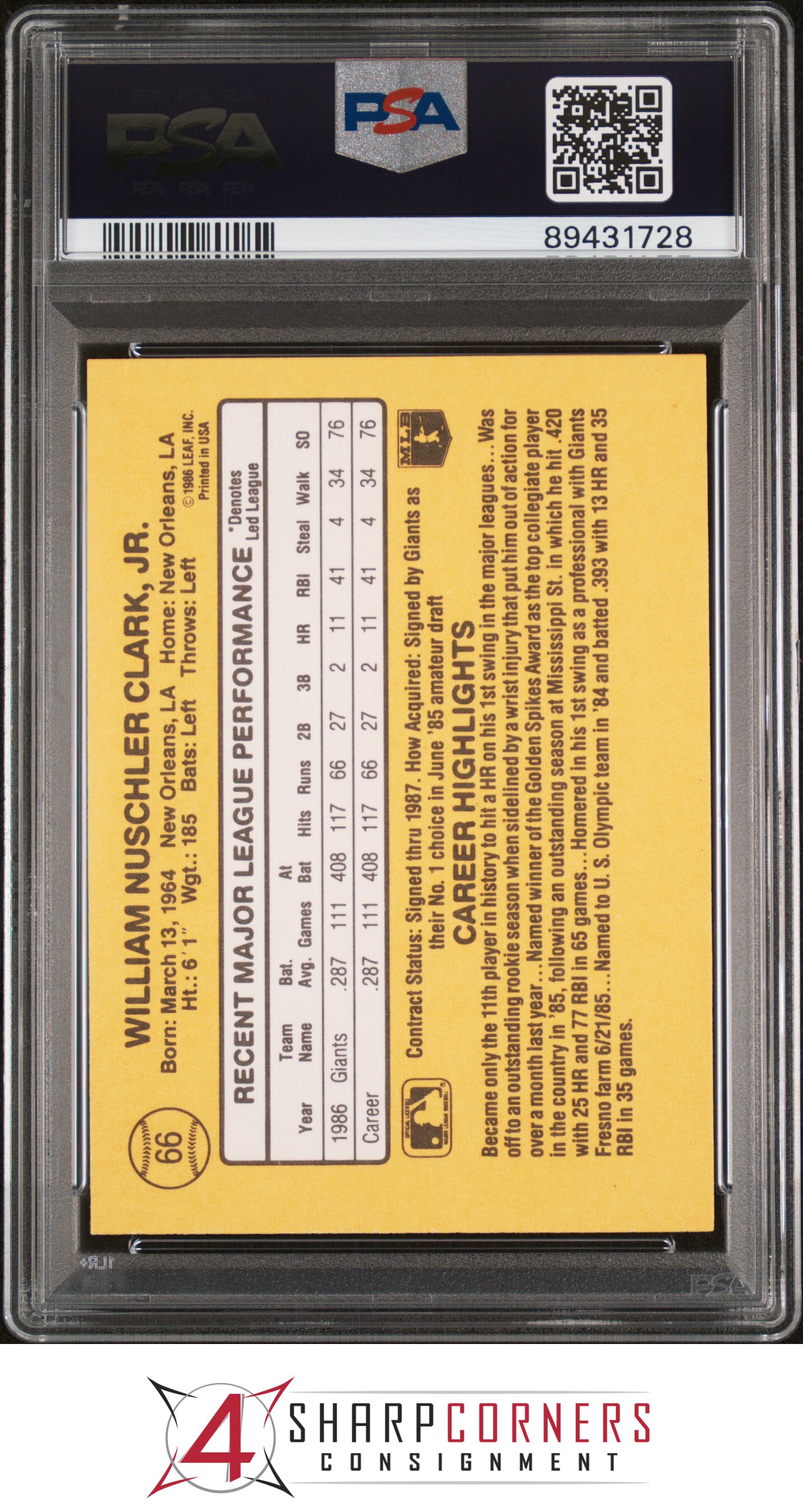 1987 DONRUSS #66 WILL CLARK RC GIANTS PSA 10 - Picture 4 of 52