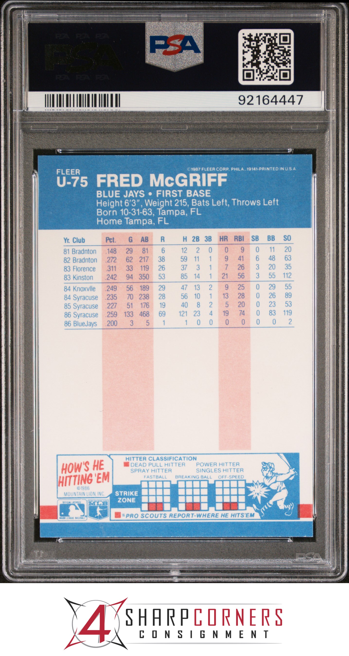 1987 FLEER UPDATE #U-75 FRED McGRIFF BLUE JAYS HOF PSA 10
